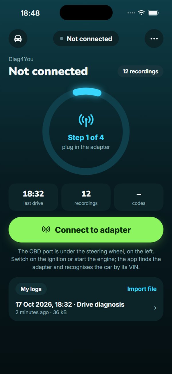 Connect screen: step 1 of 4, Connect to adapter button